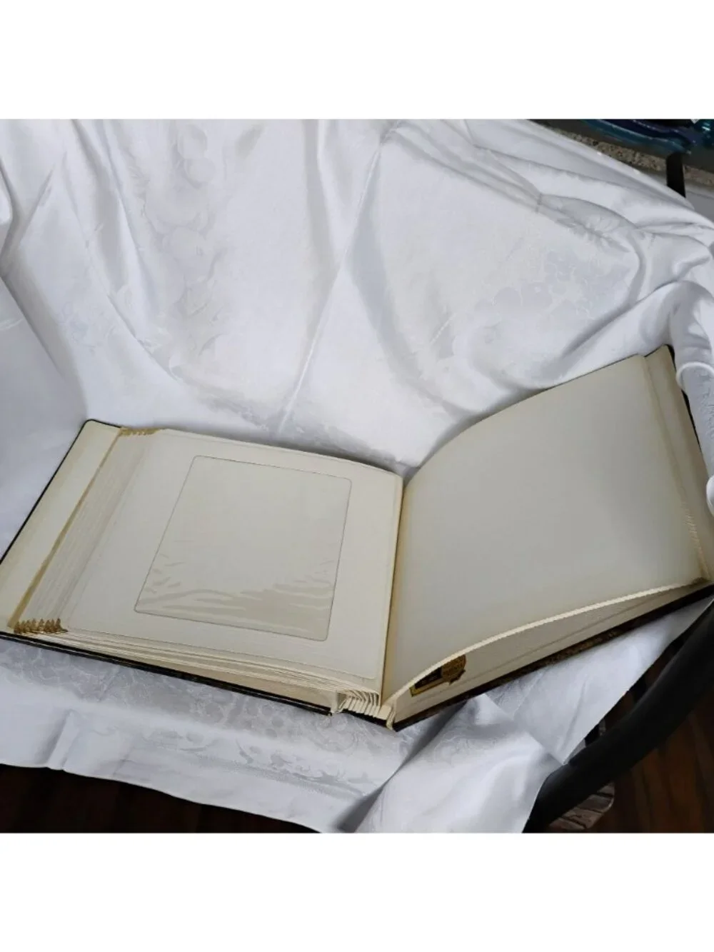 Vintage MCM Our Family Cowhide Leather Photo Album Brass Corners Gold Trim